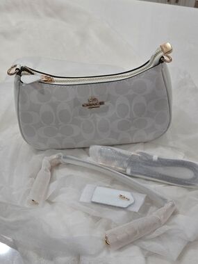 Coach Cream Signature Jacquard Mini Shoulder Bag with Gold Hardware
